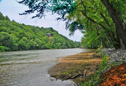 View of the Hiawassee River where the steps enter the river at A Cabin on Paradise Murphy NC